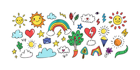Cheerful doodle illustration featuring suns, clouds, rainbows, hearts, stars, trees, and other whimsical elements