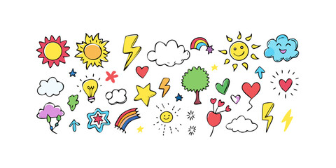 Playful doodle illustration featuring suns, clouds, rainbows, hearts, stars, trees, lightning, and other joyful elements