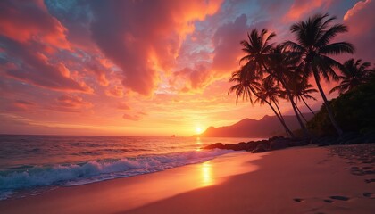 Vibrant tropical sunset illuminates Hawaiian beach. Palm trees silhouette against colourful sky with ocean waves washing ashore. Sandy coastline, volcanic mountains create serene, romantic evening