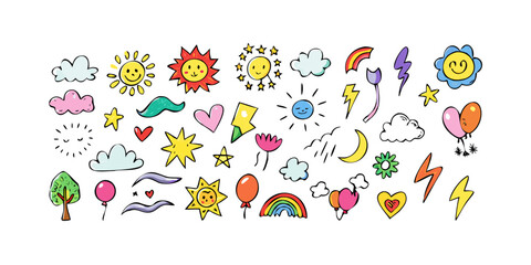 Hand drawn doodle set of cute icons cartoon sketch illustration of sun, heart, star, cloud, rainbow, lightning, balloon, flower and more