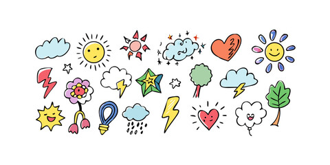 Hand drawn doodle set of cute icons cartoon sketch illustration of sun, heart, star, cloud, rainbow, lightning, balloon, flower and more