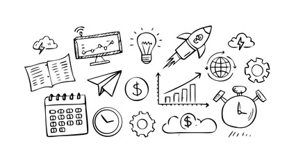 Hand drawn doodle elements of business startup, concept of financial planning, investment, and project management for growth