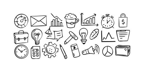 Hand drawn business doodles featuring clock, envelope, graph, coffee, chart, alarm, padlock, briefcase and light bulb