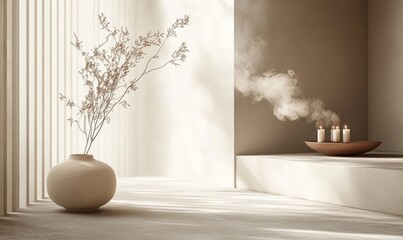 artistic essence of tranquility with a background of delicate fumes in soft, trendy colors, capturing the minimalist approach to beauty and providing a soothing ambiance, Generative AI