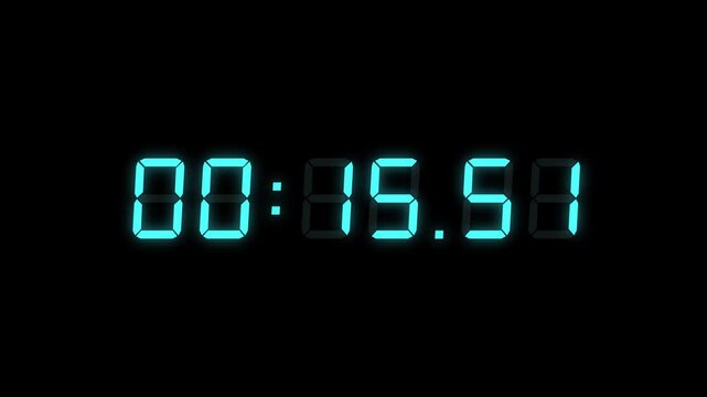 6 Digits Turquoise Digital Countdown Timer Starting at 00:20:00 (20 seconds) on Black Background, Featuring High-Visibility LED Display. 4K Motion Graphics.