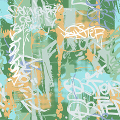 Street art grunge texture with tags, drips and blobs. Graffiti handwriting wallpaper in teenager style. Seamless urban colorful letters pattern for cover and textile print