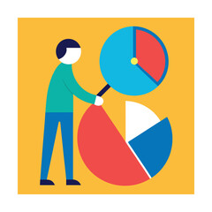 Person analyzing pie charts with magnifying glass analysis