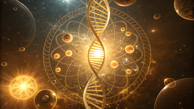 Golden helix structure glowing cosmic orbs celestial patterns light