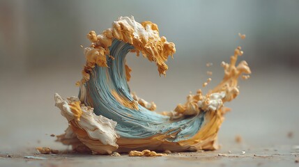 Obraz premium A dynamic, sculpted form resembling a breaking wave is captured mid-splash, exhibiting a textured surface and a blend of warm and cool tones, evoking a sense of fluid motion and artistic expression.