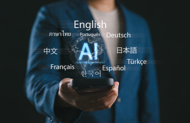 A person using smartphone with AI and global language icons. Concept of artificial intelligence translation, multilingual communication, voice recognition and smart mobile technology.