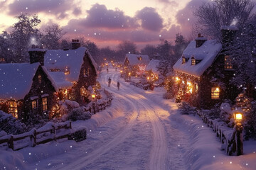 Fototapeta premium Cozy Mountain Town Wrapped in Winter’s Christmas Embrace