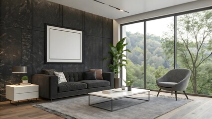 Fototapeta premium Stylish Living Room with Dark Accents Natural Light and Greenery for a Modern Aesthetic