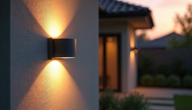 Modern wall lamp illuminates exterior home facade with warm light. Outdoor lighting fixture activates with motion detection, enhancing security and convenience for homeowners.