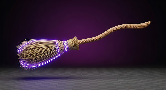 Halloween Witch Broom with Neon Purple Light - Spooky Season Magic - Powered by Adobe
