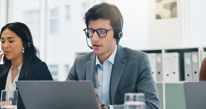 Microphone, team and man with laptop in call center for contact us, order processing or online help. Customer service, consultant or tech for inbound query assistance, account management or coworking
