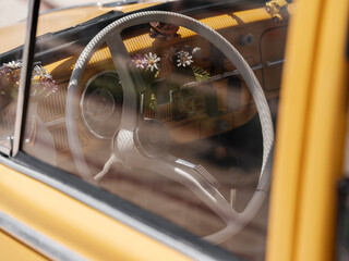 steering wheel detail of a vintage classic car