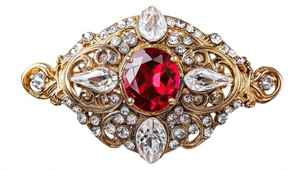 Exquisite Golden Brooch with Ruby and Diamonds Showcasing Vintage Jewelry Design