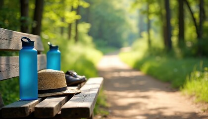 Resting on wooden bench beside sunlit nature trail blue water bottles, straw hat, walking shoes. Scene invites viewers to embark on outdoor adventure, promoting hydration, healthy lifestyle in scenic