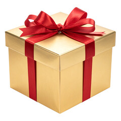 Obraz premium A festive red gift box with a golden ribbon and bow is isolated on a white background, perfect for any holiday or celebration
