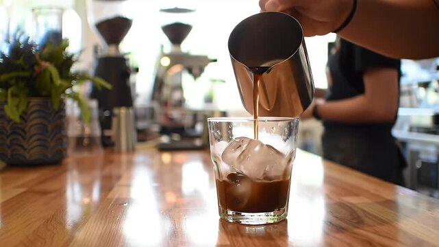 Pouring Coffee Over Ice Cubes into a Glass in Slow Motion on a Wooden Counter with Barista in Background a Refreshing Beverage Concept for a Summer Day Over 170 characters