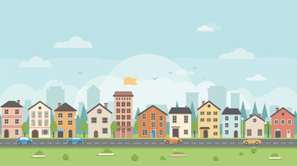 "Modern Cityscape with Colorful Houses and Cars on Street"