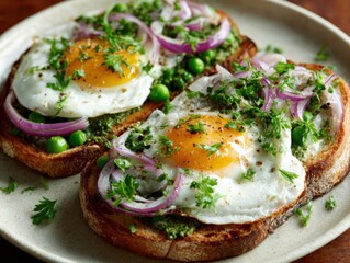 Fried Egg and Pea Toast with Red Onion and Parsley