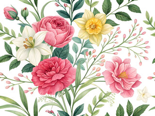 Vibrant pink red yellow white floral botanical illustration image