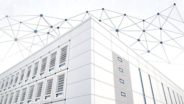 Modern data center building with abstract network connections overhead, representing technology and connectivity.