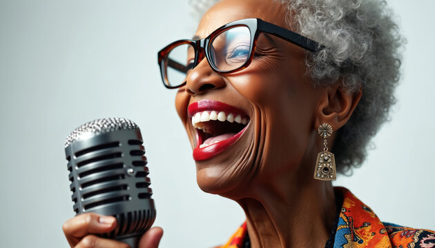 Joyful elderly Black woman with grey hair, glasses, stylish outfit sings passionately into vintage microphone. Her expressive face radiates confidence, talent, vibrant spirit of music performance.