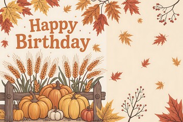 Happy birthday greeting card with pumpkins, wheat, autumn leaves, and a wooden fence, celebrating fall