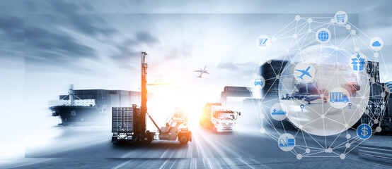 World map with logistic network distribution on background. Logistic and transport concept in front...