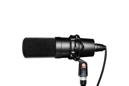 A modern black studio microphone with a sleek design
