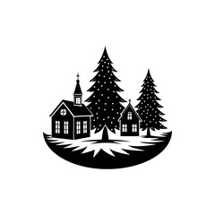 Fototapeta premium Black and white landscape featuring a church and houses with trees silhouette vector