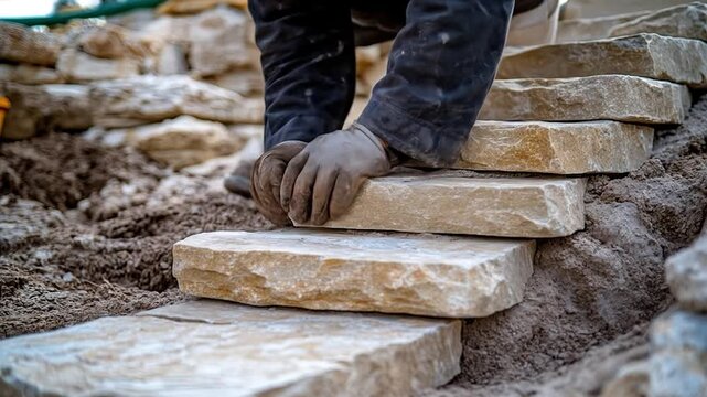 Stone mason building steps outdoors.