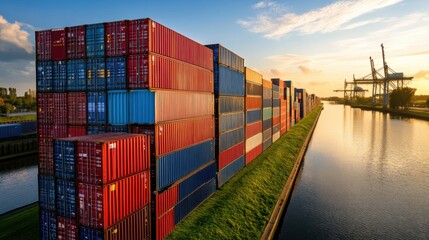 Colorful Shipping Containers Stacked Along a Calm Waterway at Sunset
