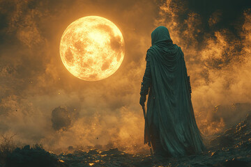 Lone Warrior Standing Guard at Surreal Sci-Fi Outpost