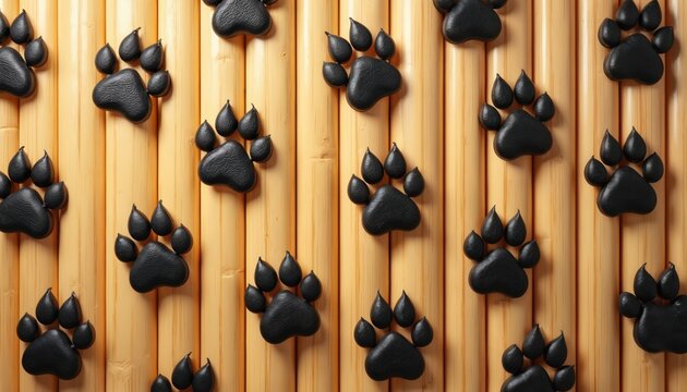Seamless pattern of black paw prints on natural bamboo texture. This cute, modern design features repeating animal footprints on wooden surface. Ideal for pet-themed decor, wallpaper, or graphic art.