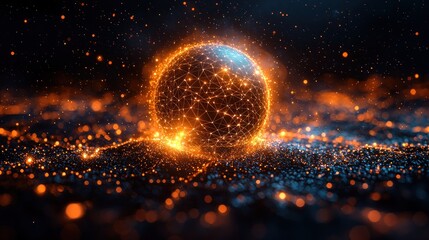Glowing networked sphere on sparkling particles