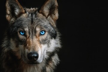Obraz premium Portrait of a majestic wolf with striking blue eyes and a sleek black back showcasing its natural beauty against a dark background