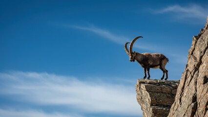 Obraz premium Ibex standing on a cliff edge against a blue sky.