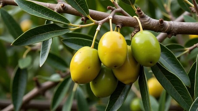 Lush tropical tree branches heavy with bright olives, showcasing vibrant green foliage and natural abundance in stunning 4k video footage.