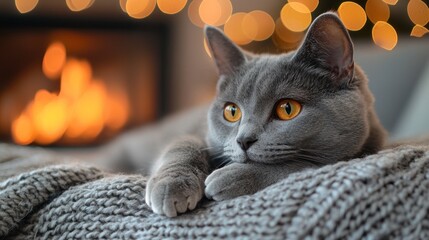 Gray cat relaxing by fireplace