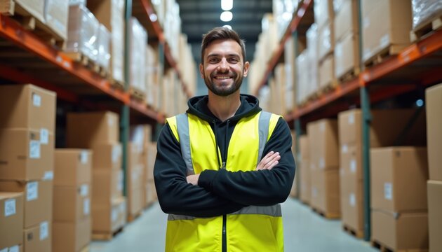 Warehouse worker smiles confidently with arms crossed amidst stacks of boxes. Man wears high-visibility vest in distribution center. Represents logistics, industry, and successful employment. - Powered by Adobe