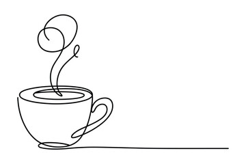 Minimalist continuous line drawing of a steaming hot cup of coffee or tea with steam rising elegantly into the air