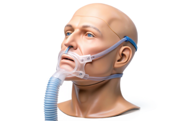 Realistic laryngeal mask airway device on human head for medical training and demonstration transparent background