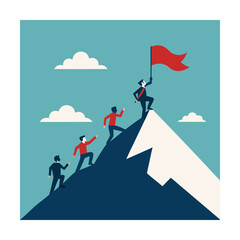 Businessmen climb mountain to reach flag on summit