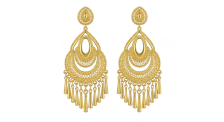 Elegant gold chandelier earrings with intricate detailing and dangle fringe for women transparent background