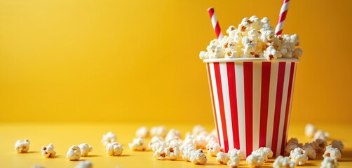 Fluffy popcorn spills from red, white striped cup, scattered kernels on vibrant yellow background. Fun, tasty snack perfect for cinema, parties, gatherings, offering enjoyment, festive celebration