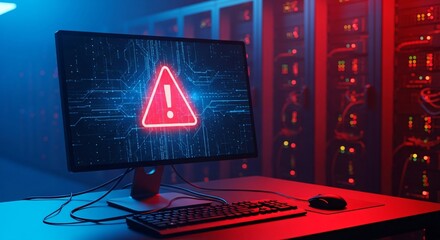 Urgent system failure warning on modern server room computer