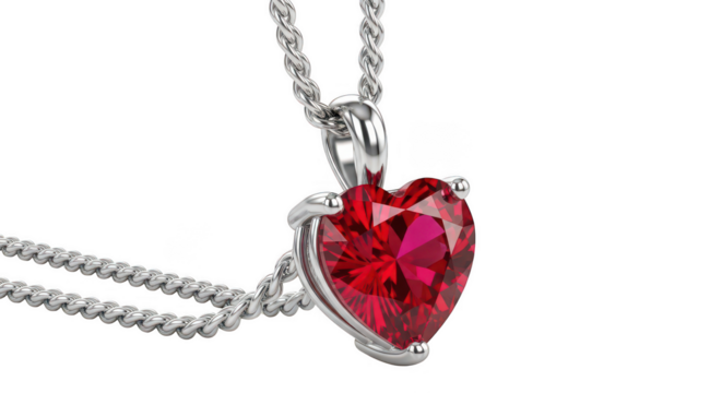 Exquisite heart shaped ruby pendant necklace with sterling silver chain perfect for romantic gifts and elegant occasions transparent background